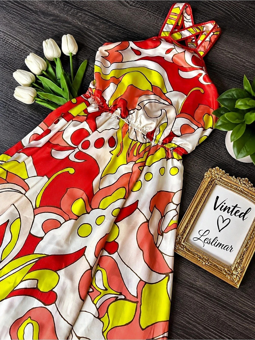 Abstract Print Maxi Dress in Red & Yellow Like New
